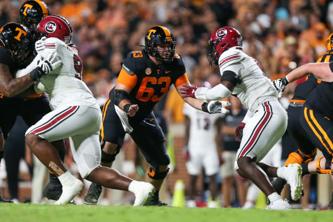 Sep 30, 2023; Knoxville, Tennessee, USA; Tennessee Volunteers offensive lineman Cooper Mays (63) during the first half against the South Carolina Gamecocks at Neyland Stadium. 