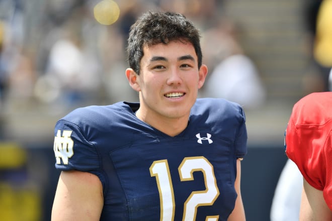 Notre Dame QB Tyler Buchner was all smiles about the play of the Irish freshmen skill players this summer.