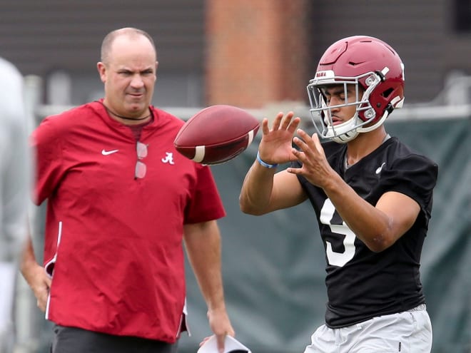 Alabama offensive coordinator Bill O'Brien watches quarterback Bryce Young take a snap during practice. Photo | USA TODAY