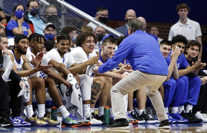 Kentucky head coach John Calipari made a point to the Wildcats' bench during Friday's exhibition opener against Kentucky Wesleyan.