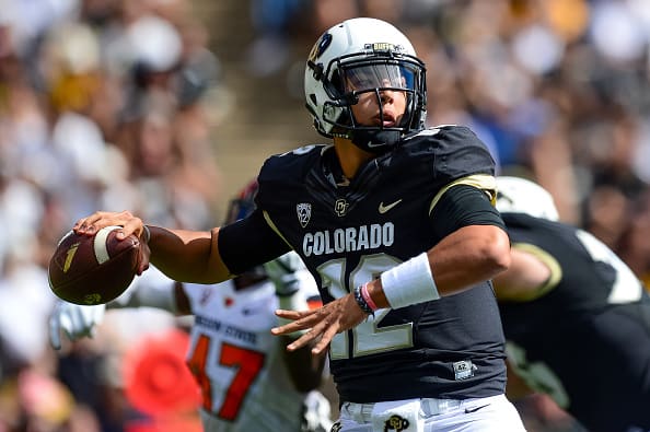BOULDER, CO - OCTOBER 1: Quarterback Steven Montez #12 of the Colorado Buffaloes passes against the Oregon State Beavers int he first half at Folsom Field on October 1, 2016 in Boulder, Colorado. (Photo by Dustin Bradford/Getty Images)