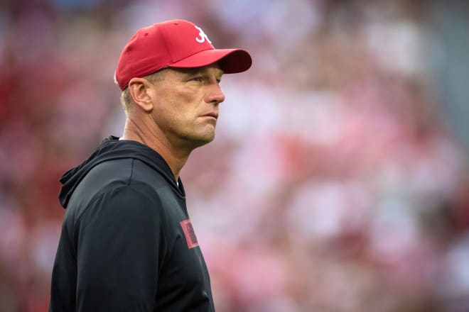 Alabama Crimson Tide head coach Kalen DeBoer watches warm ups on the field before a game against the Georgia Bulldogs at Bryant-Denny Stadium. | Mandatory Credit: Will McLelland-Imagn Images