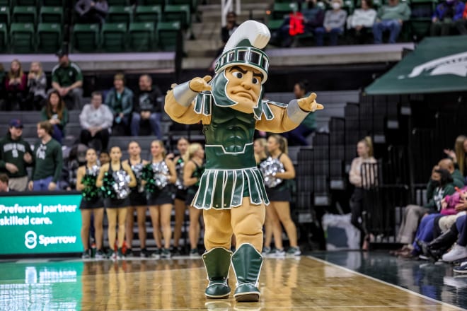 Sparty interacts with the crowd during a Michigan State home game at the Breslin Center