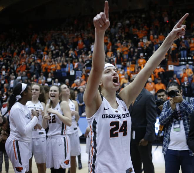 Oregon State's Sydney Wiese thanks fans after Oregon State defeated Creighton 64-52 in a second-round game in the NCAA women's college basketball tournament Sunday, March 19, 2017, in Corvallis, Ore. The game is Wiese's last in Gill Coliseum. 