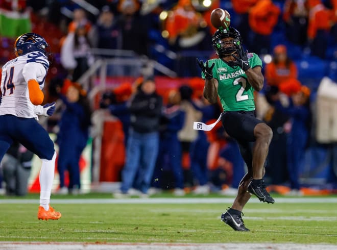 Marshall's Jayden Harrison (2), headed to Notre Dame for his final season, catches a pass against UTSA in the Frisco Bowl on Dec. 20.
