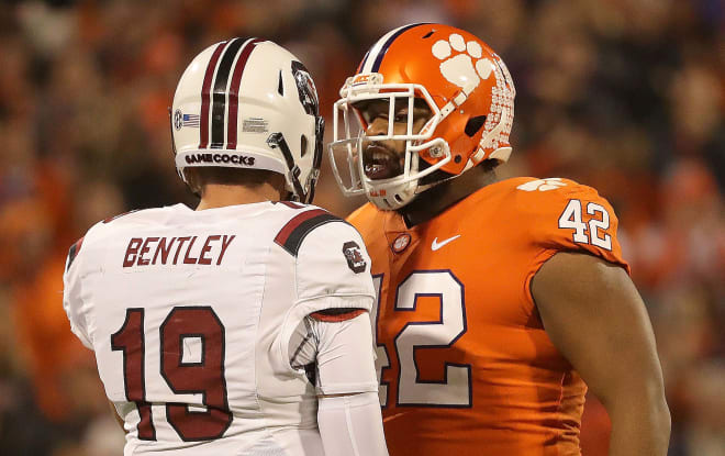 A fiery Christian Wilkins is shown here having a few words with Gamecock quarterback Jake Bentley in Death Valley last November.