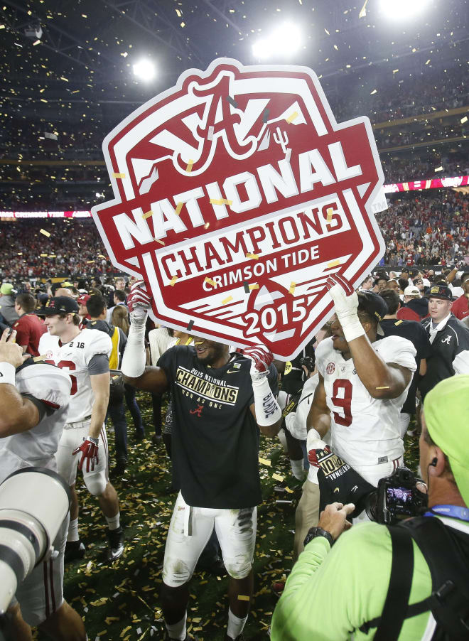 Alabama players celebrate after Alabama's 45-40 victory over Clemson in the College Football National Championship game in the University of Phoenix Stadium on Jan. 11, 2016. Alabama is preparing to face Clemson again in the College Football Playoff Championship in Tampa.