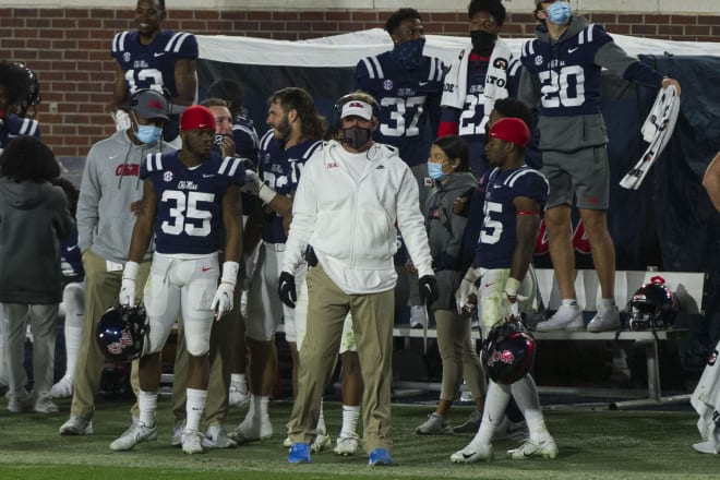 Lane Kiffin coaches during the second half of Ole Miss' 31-24 win over Mississippi State Saturday. 