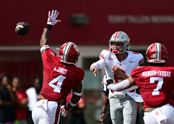 Former Indiana Hoosier Anthony Jones defends a pass versus Ohio State on Sep 2, 2023. 