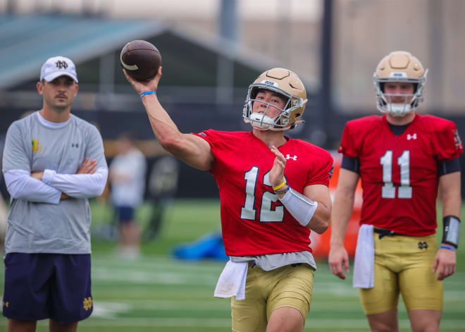 Quarterback Tyler Buchner, middle, is expected to make his return to Notre Dame's starting lineup for the Gator Bowl.