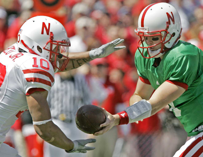 Joe Ganz hands the ball off to running back Roy Helu Jr. in the 2008 spring game. 