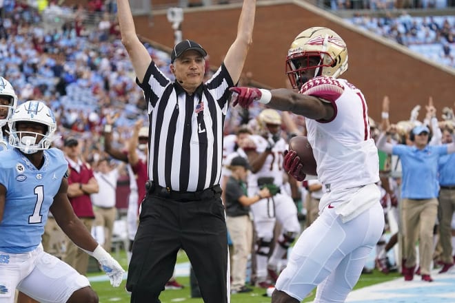 FSU freshman WR Malik McClain celebrates his touchdown reception Saturday at North Carolina.
