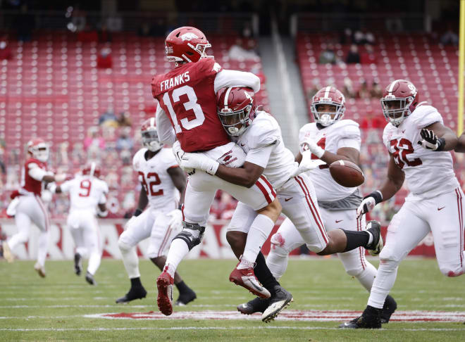 Alabama Crimson Tide linebacker Christopher Allen (4) forces a fumble on a sack of Arkansas quarterback Feleipe Franks. Photo | SEC