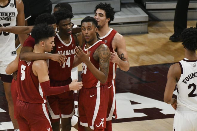 Alabama Crimson Tide players react late in the second half against the Mississippi State Bulldogs at Humphrey Coliseum. Photo | Imagn