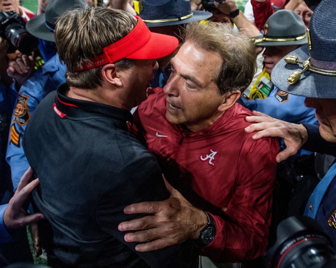 Alabama head coach Nick Saban greets Georgia head coach Kirby Smart after beating him in the SEC Championship Game at Mercedes Benz Stadium in Atlanta, Ga., on Saturday December 1, 2018. Photo | Mickey Welsh/USA TODAY