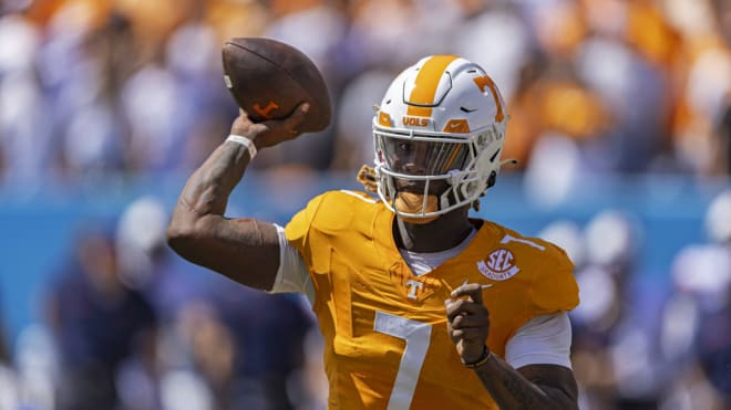 Tennessee quarterback Joe Milton III (7) throws to a receiver during an NCAA football game on against Virginia Saturday, Sept. 2, 2023, in Nashville, Tenn.