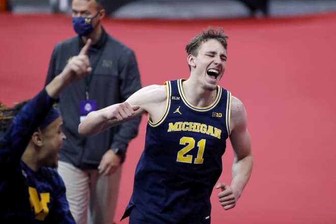 Sophomore forward Franz Wagner exults over Michigan's latest victory, a 92-87 thriller over Ohio State.
