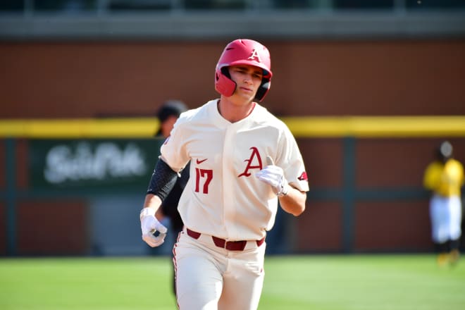 Brady Slavens hit a pair of home runs in Arkansas' scrimmage Thursday.