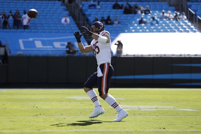 Former Notre Dame and current Chicago Bears tight end Cole Kmet caught the first touchdown reception of his NFL career in a 23-16 win over the Carolina Panthers