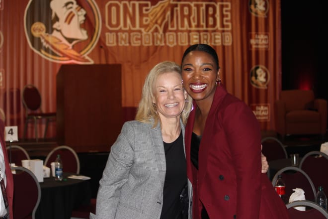 Angel Gray, who played at FSU from 2006-10, flew in to broadcast Sunday's game and connect with coach Sue Semrau.