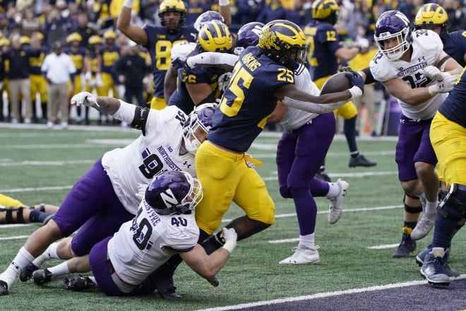 Hassan Haskins scored a TD after Michigan blocked NU's punt.