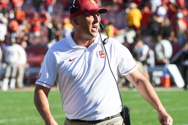 USC head coach Clay Helton is looking for his second straight win over Notre Dame.