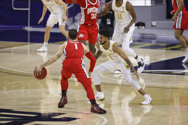 Notre Dame junior guard Prentiss Hubb versus Ohio State on Dec. 8, 2020