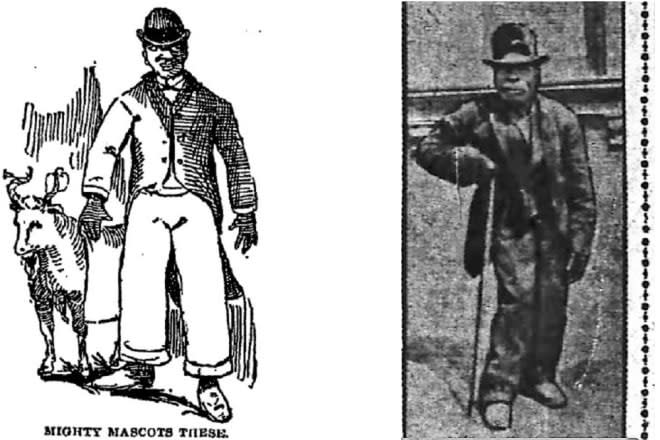 A sketch of the mascots from the 1892 Georgia-Auburn game: Sir William and Dabble (left); Ole Tub, who was nearly UGA's first mascot, photographed in 1901 (right).