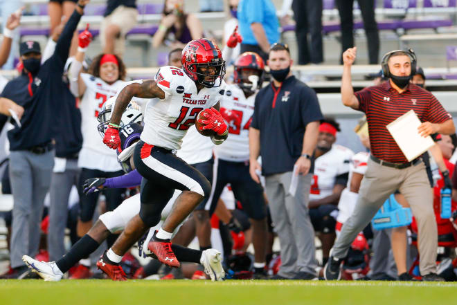 Texas Tech Red Raiders wide receiver Ja'Lynn Polk (12) scores a touchdown during the third quarter against the TCU Horned Frogs at Amon G. Carter Stadium. Photo Credit: Andrew Dieb-USA TODAY Sports