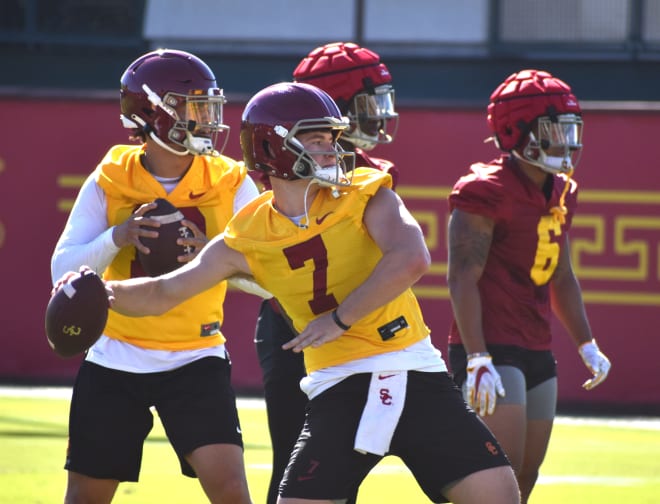 USC QB Miller Moss throws a pass in spring practice earlier this month.