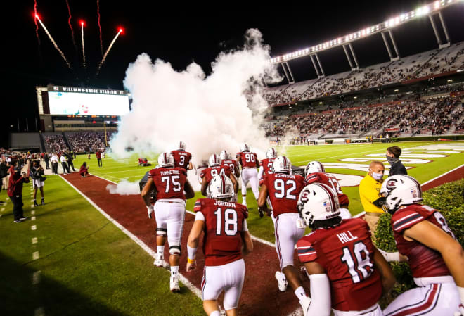 The South Carolina football team runs out of the tunnel for the Texas A&M game.