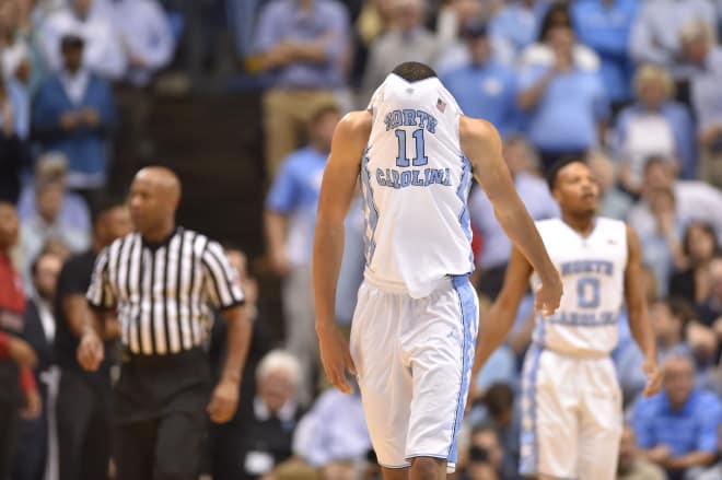 North Carolina Tar Heels forward Brice Johnson (11) reacts after being called for a foul in the first half at Dean E. Smith Center