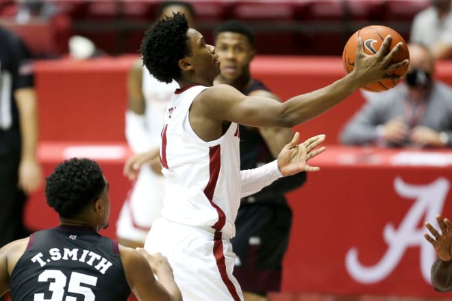 Alabama guard Joshua Primo (11) makes a scoop for a basket against Mississippi State in Coleman Coliseum Saturday, Jan. 23, 2021. Photo | Imagn