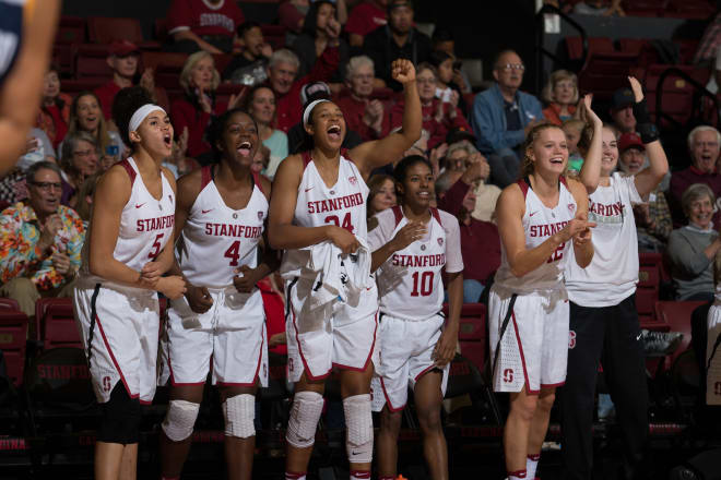 From left, Kaylee Johnson, Nadia Fingall, Erica McCall, Briana Roberson, Brittany McPhee and Karlie Samuelson react during the exhibition win over UC San Diego.