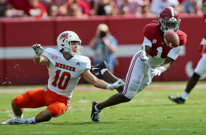 Alabama defensive back Kool-Aid McKinstry (1) picks off a pass intended for Mercer joker Parker Wroble (10) Saturday, Sept. 11, 2021, in Bryant-Denny Stadium. Photo | Gary Cosby / USA TODAY NETWORK