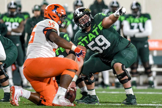 Michigan State's center Nick Samac calls out to teammates before a snap during the third quarter on Saturday, Nov. 9, 2019, at Spartan Stadium in East Lansing.