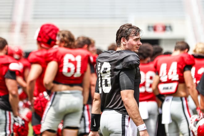 JT Daniels surveys the situaiton at Saturday's scrimmage.