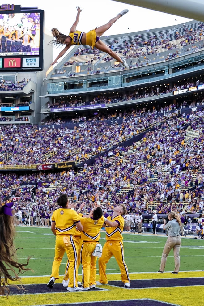 If LSU's administration had any say in it, this cheerleader would just crash to the ground. I mean, what's another Title IX violation? Women in Baton Rouge serve at the pleasure of the football program (or something like that). 