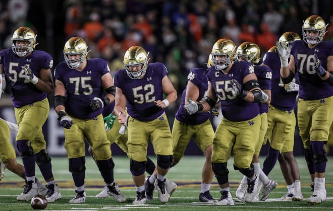 Notre Dame's offensive line gets ready to snap the ball against Clemson on Nov. 6.