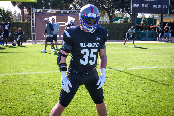 Pittsburgh Central Catholic four-star linebacker David Adams Wednesday during the first practice in preparation for the Under Armour All America game. Adams is catching the attention of his position coach early.