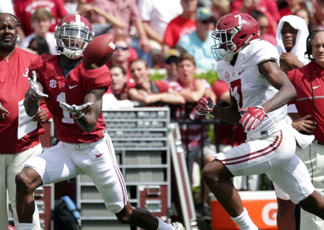 Foster (left) caught for 115-yards during Alabama's A-Day this past April 
