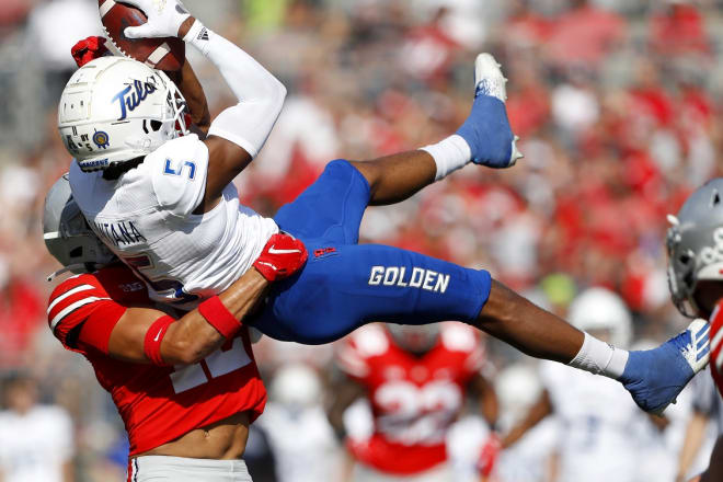 Tulsa WR JuanCarlos Santana catches a pass against Ohio State last season.