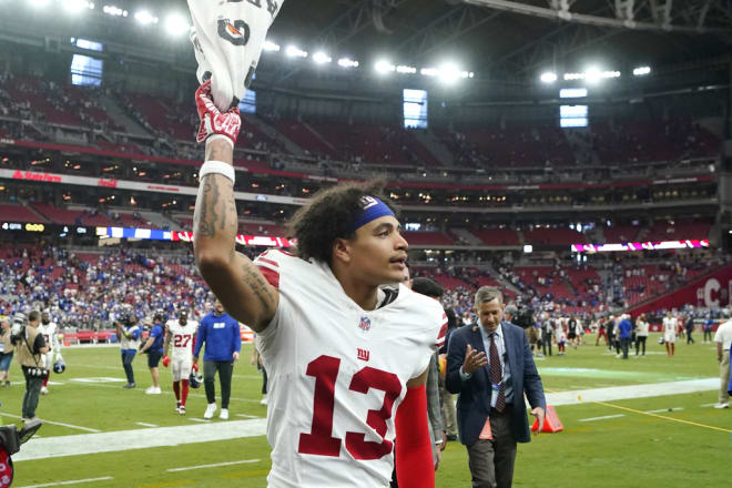 New York Giants wide receiver Jalin Hyatt runs off the field after an NFL football game against the Arizona Cardinals Sunday, Sept. 17, 2023, in Glendale, Ariz. The Giants won 31-28. 