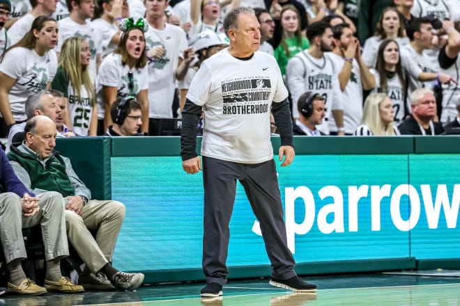 Michigan State men's basketball head coach Tom Izzo on the sideline during a game