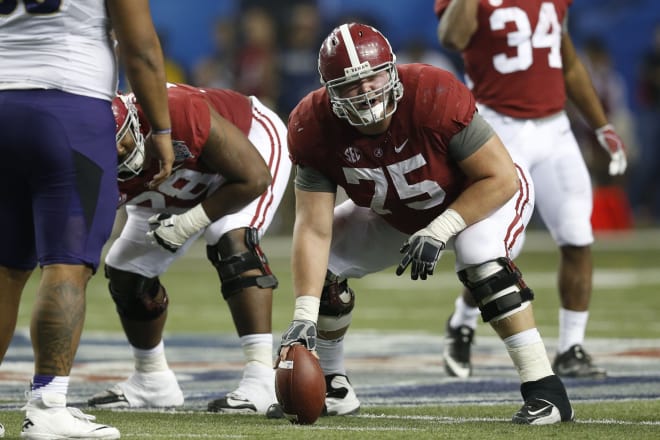 Alabama Crimson Tide offensive lineman Bradley Bozeman (75) at the line of scrimmage during the third quarter in the 2016 CFP Semifinal against the Washington Huskies at the Georgia Dome. Mandatory Credit: Jason Getz-USA TODAY Sports.