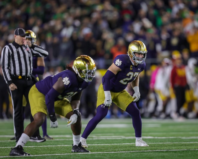 In Saturday's Senior Bowl, former Notre Dame linebacker JD Bertrand started for the National team in its 16-7 win. He was one of three players on the National team to finish with at least one tackle for loss.