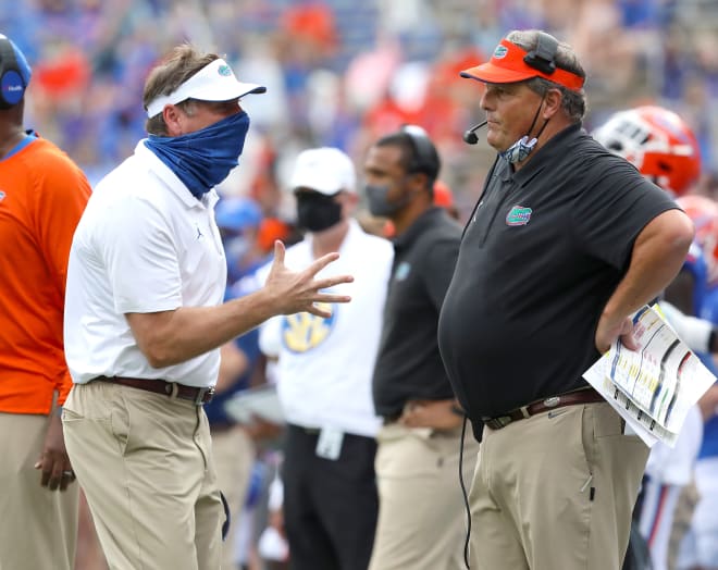 Dan Mullen and Todd Grantham in a heated exchange during the Kentucky game in 2020 / Photo courtesy of UF Communications