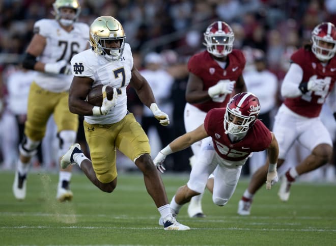 Behind the career day of running back Audric Estimé, Notre Dame football won its ninth game of the regular season at Stanford on Saturday. Inside ND Sports awards game balls to two individuals.