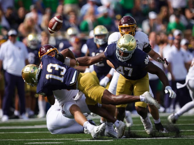 Notre Dame nickelback Thomas Harper (13) forced a fumble on a sack in the Central Michigan game.