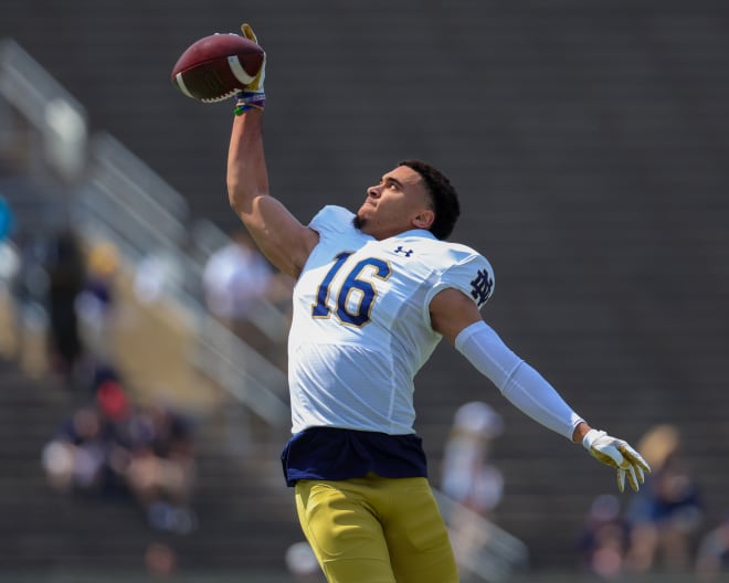 Notre Da,me safety Brandon Joseph grabs a pass one-handed while warming up for the April 23 Blue-Gold Game at Notre Dame Stadium.